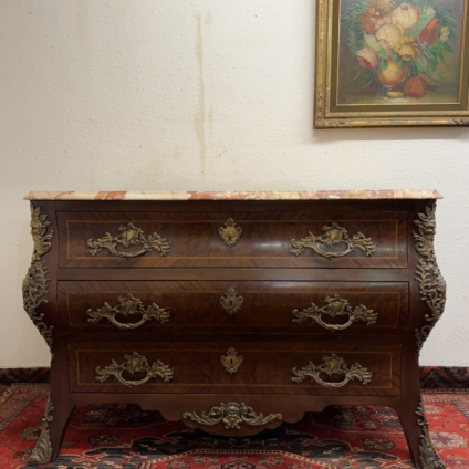 FRENCH EMAPIRE WALNUT AND GILT MARBLE TOP COMMODE/CHEST CIRCA 1940