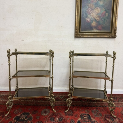 PAIR OF FRENCH BRONZE AND GLASS THREE TIER ETAGERES/END TABLES CIRCA 1950