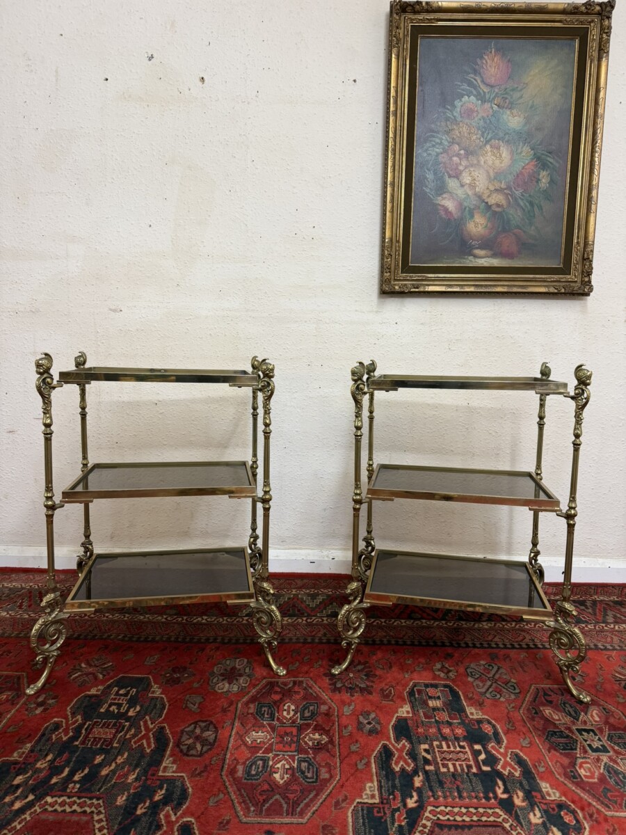 PAIR OF FRENCH BRONZE AND GLASS THREE TIER ETAGERES/END TABLES CIRCA 1950