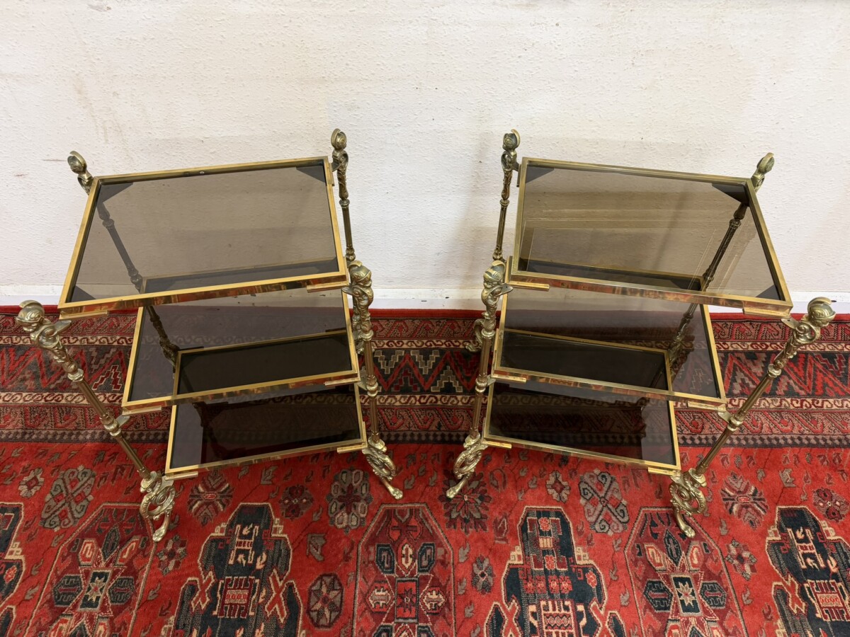 PAIR OF FRENCH BRONZE AND GLASS THREE TIER ETAGERES/END TABLES CIRCA 1950 - Image 2