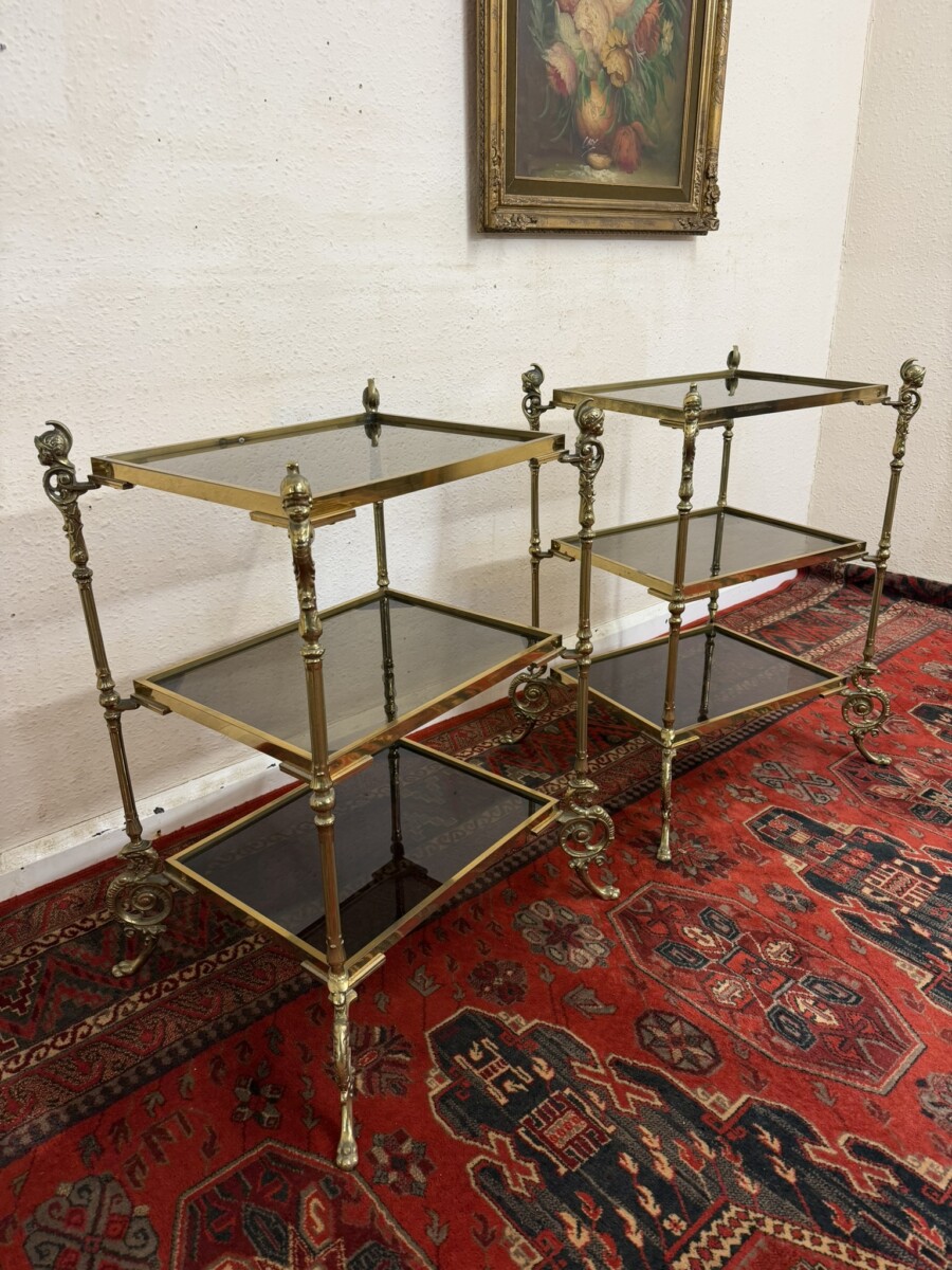 PAIR OF FRENCH BRONZE AND GLASS THREE TIER ETAGERES/END TABLES CIRCA 1950 - Image 3