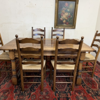 QUALITY GRAINED OAK REFECTORY TABLE AND SIX LADDERBACK CHAIRS