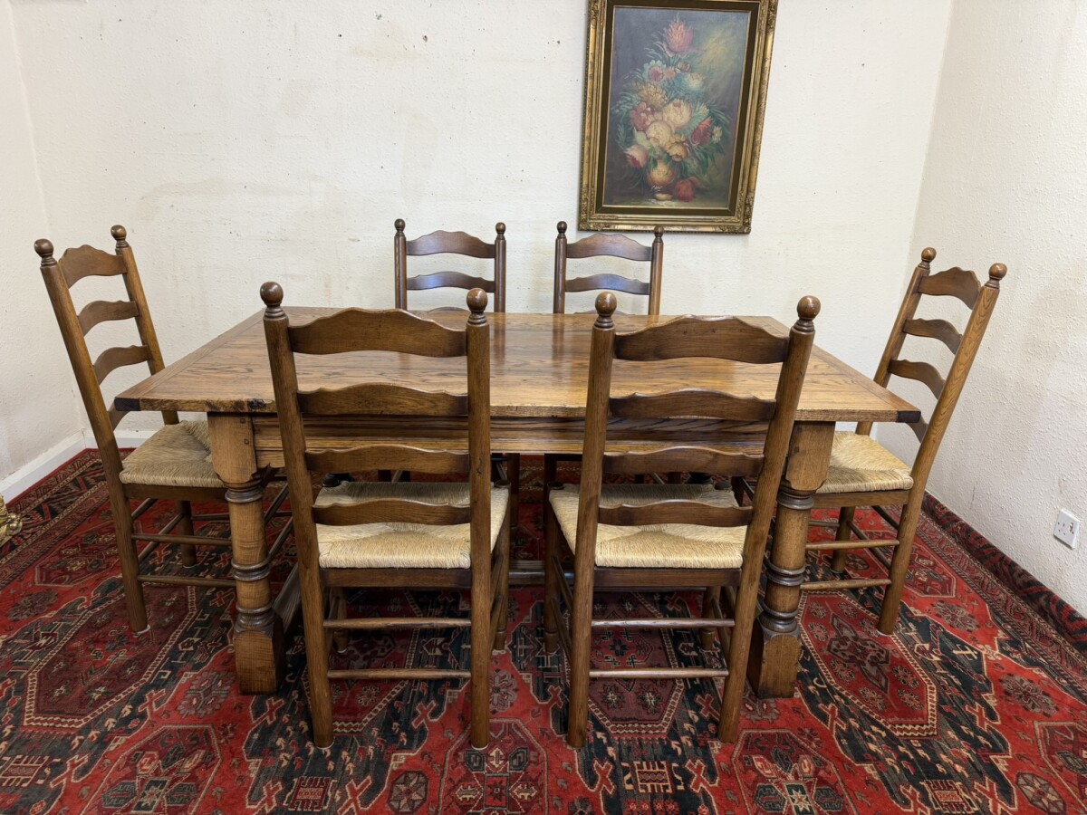 QUALITY GRAINED OAK REFECTORY TABLE AND SIX LADDERBACK CHAIRS