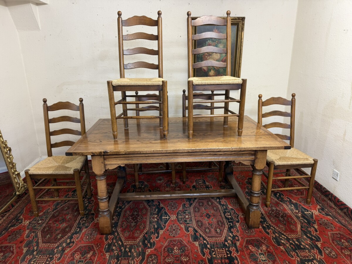 QUALITY GRAINED OAK REFECTORY TABLE AND SIX LADDERBACK CHAIRS - Image 10